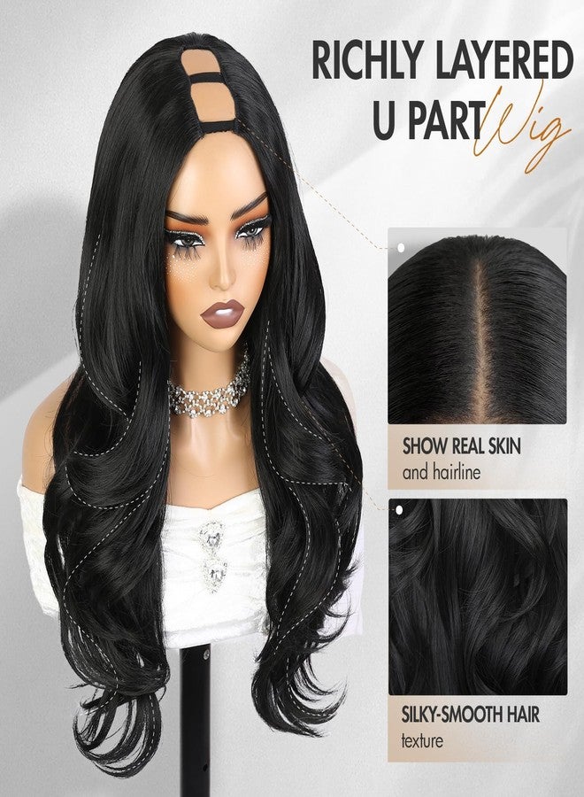 Quantum Love Curly U Part Wig Long Wavy V Part Wig Light Yaki for Black Women TALOS Layered Black Glueless Synthetic Half Wigs 22 Inch Full Head Clip in Hair - Image 3