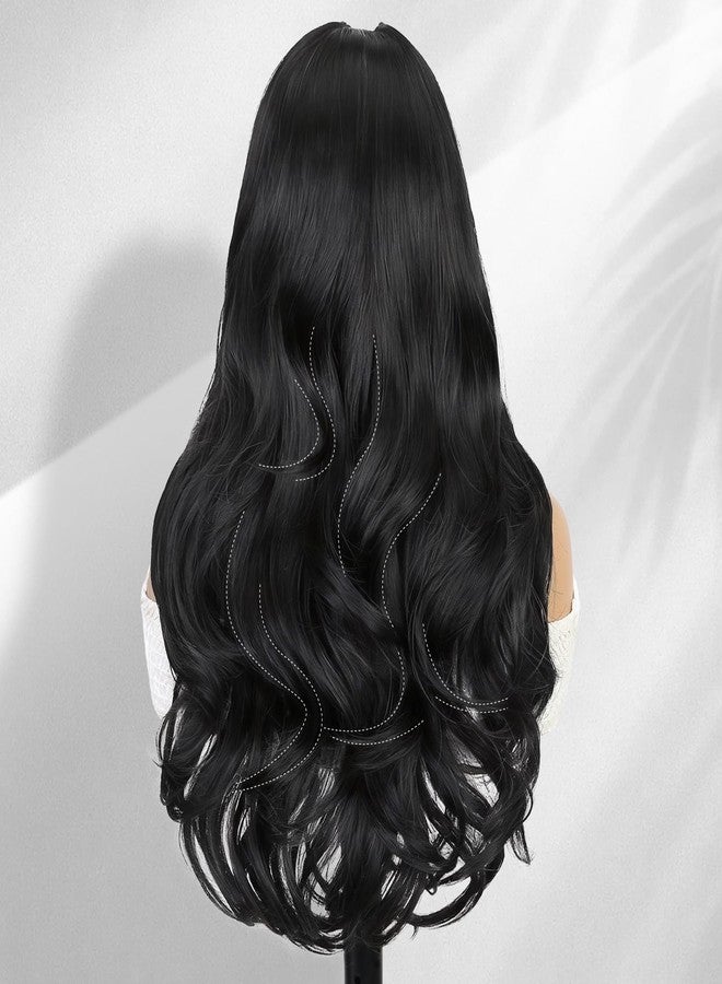 Quantum Love Curly U Part Wig Long Wavy V Part Wig Light Yaki for Black Women TALOS Layered Black Glueless Synthetic Half Wigs 22 Inch Full Head Clip in Hair - Image 4