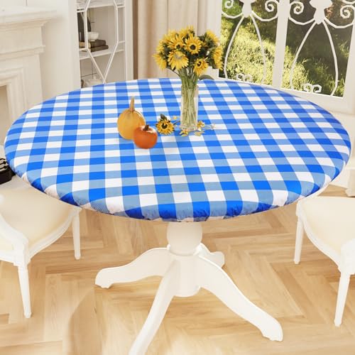 Smiry Round Picnic Tablecloth, Elastic Waterproof Fitted Vinyl Tablecloths for 36"-44" Tables, Flannel Backed Buffalo Plaid Table Cover for Dining, Camping, Outdoor, White and Blue - Image 1
