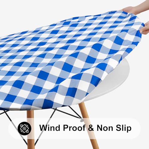 Smiry Round Picnic Tablecloth, Elastic Waterproof Fitted Vinyl Tablecloths for 36"-44" Tables, Flannel Backed Buffalo Plaid Table Cover for Dining, Camping, Outdoor, White and Blue - Image 2