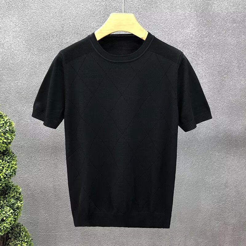 Men'S Crewneck Knitted Short-Sleeved T-Shirt Slim-Fit Elastic Ice Silk Hollow-Out Breathable Rhombic Half-Sleeved Base Shirt Trendy - Image 1
