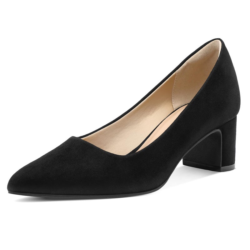 mysoft Women's Pointed Toe Pumps 2 Inch Chunky Block Low Heels Dressy Shoes Slip On Pumps Black Suede - Image 1