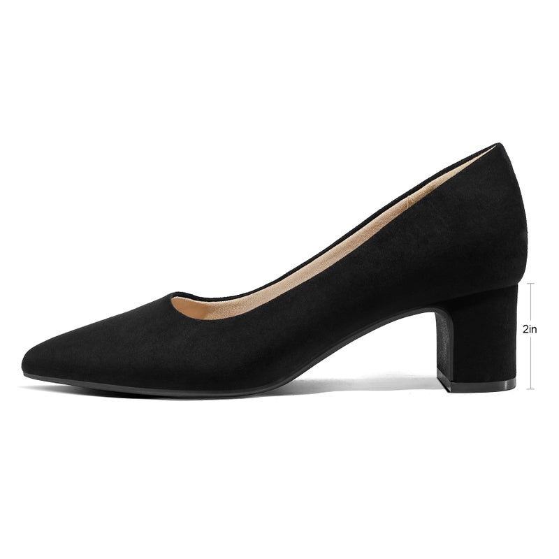 mysoft Women's Pointed Toe Pumps 2 Inch Chunky Block Low Heels Dressy Shoes Slip On Pumps Black Suede - Image 2