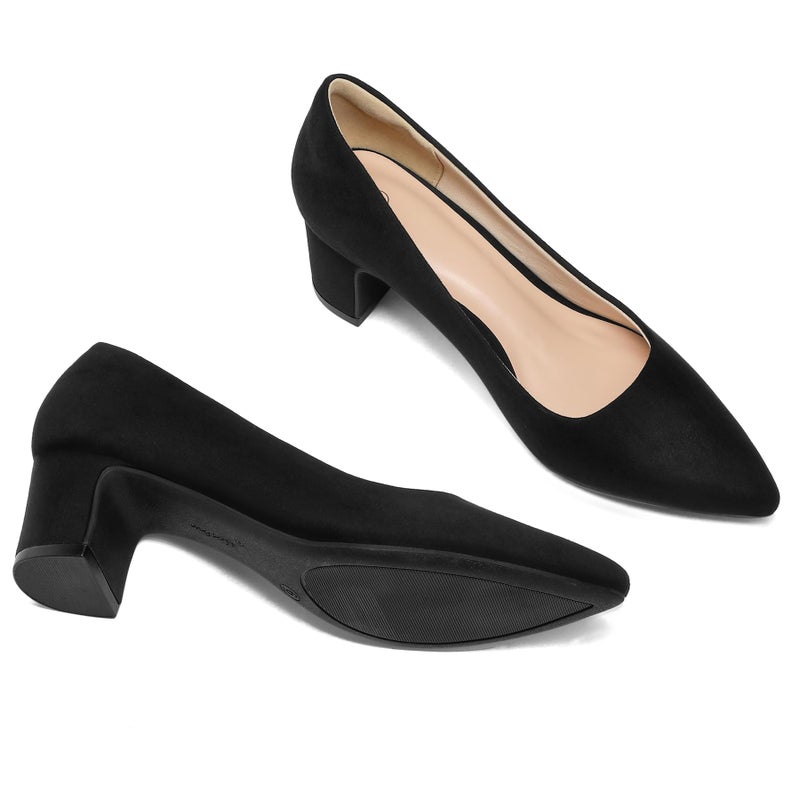 mysoft Women's Pointed Toe Pumps 2 Inch Chunky Block Low Heels Dressy Shoes Slip On Pumps Black Suede - Image 4