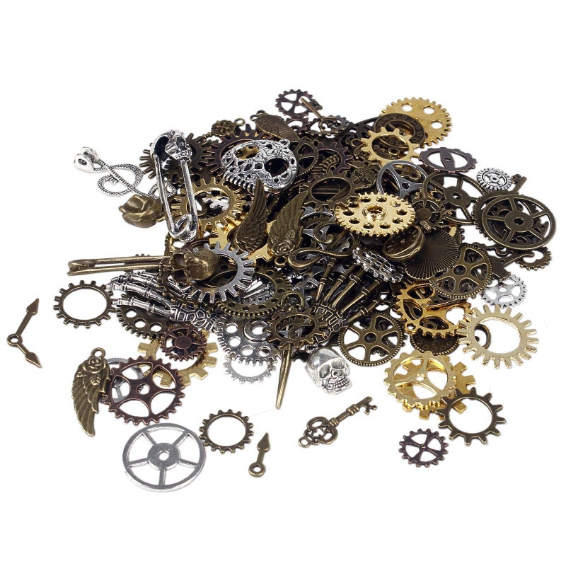 BIHRTC 200 Gram Antique Steampunk Gear DIY Assorted Mixed Color Metal Cog Wheel Skull Brass Key Pendant Charms for Craft Jewelry Making Accessory
