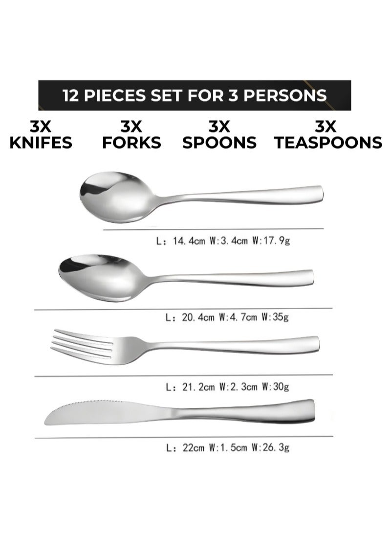 AAMSRAK Luxury Silver Cutlery Set – 12-Piece Stainless Steel Flatware (3 Complete Place Settings: Knife, Fork, Spoon, Teaspoon) for Elegant Dining & Special Occasions  - Image 3