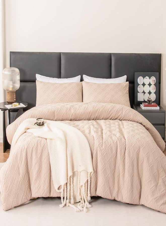 ووريبو طقم لحاف WURUIBO كامل الحجم، طقم لحاف بيج منقوش، طقم سرير ريفي أنيق من 3 قطع، لحاف بنمط هندسي مناسب لجميع الفصول - Image 1