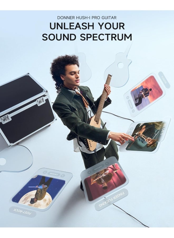 Donner - Donner Acoustic Electric Guitar HUSH I PRO Travel Guitar with Multiple Effect Modes Smart Guitarra Kit of Earphone, Gig Bag, Strap, Charging Cable - Image 1