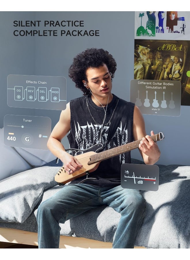 Donner - Donner Acoustic Electric Guitar HUSH I PRO Travel Guitar with Multiple Effect Modes Smart Guitarra Kit of Earphone, Gig Bag, Strap, Charging Cable - Image 1