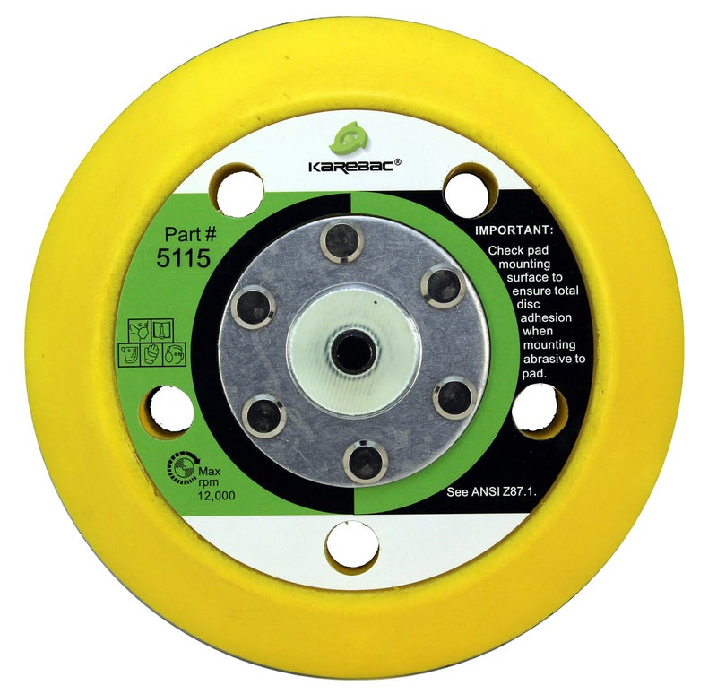 Karebac 5115 Back-up Sanding Pad, Hook and Loop 5" by 5 Hole x 3/4" Thick, 5/16"-24 External Thread (1 Pack), Yellow - Image 3