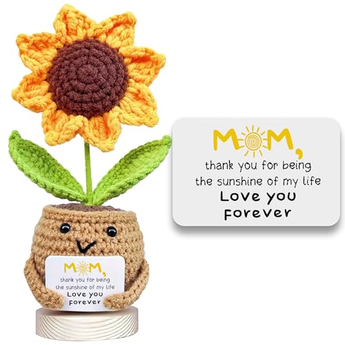Gossby Mothers Day Basket Stuffers Gift for Mom from Daugher Son Kids MOM I Love You Sunflower Crochet Cute Christmas Birthday Gift for Mama Knitted Crochet Doll with Message - Image 1