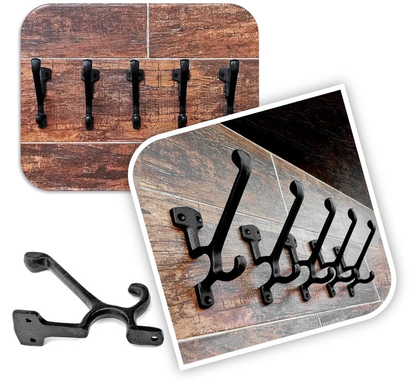 Ambipolar 5 Pack Decorative Cast Iron Heavy Duty Double Hooks, Wall Mounted Coat Hooks, Vintage Inspired (Antique Black) (Type-7 Type) - Image 4