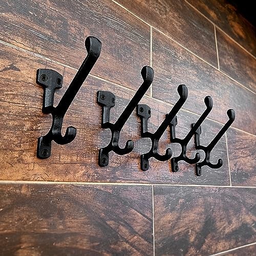 Ambipolar 5 Pack Decorative Cast Iron Heavy Duty Double Hooks, Wall Mounted Coat Hooks, Vintage Inspired (Antique Black) (Type-7 Type) - Image 3