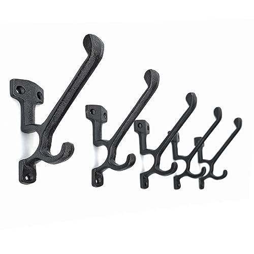 Ambipolar 5 Pack Decorative Cast Iron Heavy Duty Double Hooks, Wall Mounted Coat Hooks, Vintage Inspired (Antique Black) (Type-7 Type) - Image 5