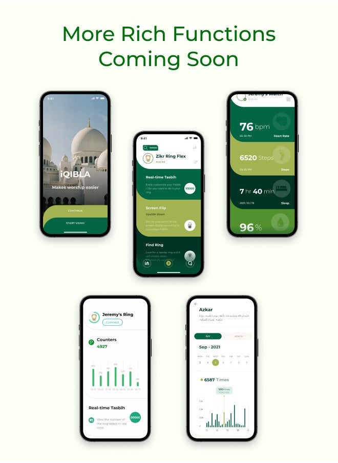 UMEOX iQIBLA Smart Zikr Ring Lite Green 22MM | 5 Prayer Time Reminders | Tasbih Smart Counter | Classic Long-lasting Battery and Shock-resistant Hard Screen | iQIBLA Social Life App(Points Redemption,Sleep,Heart Rate,Steps...) | Stronger Tracks 65000 Counts | iQIBLA Service - pzsku/Z6A13F5E753D9E076728AZ/45/_/1712716338/acfe2384-6c4a-4809-a443-4346b99c9491