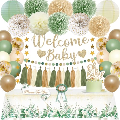 Bolake Sage Green Baby Shower Decorations Gender Neutral Baby Shower Decorations Welcome Baby Banner Sage Green Balloons Paper Lanterns Pom Poms Flowers Tablecloth Tassels Mom to Be Sash Dad to Be Pin - Image 1