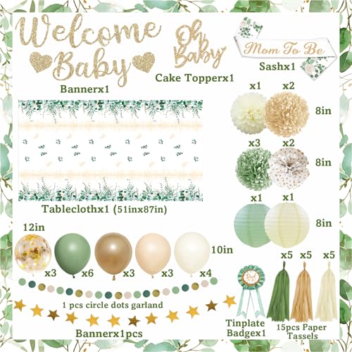 Bolake Sage Green Baby Shower Decorations Gender Neutral Baby Shower Decorations Welcome Baby Banner Sage Green Balloons Paper Lanterns Pom Poms Flowers Tablecloth Tassels Mom to Be Sash Dad to Be Pin - Image 5