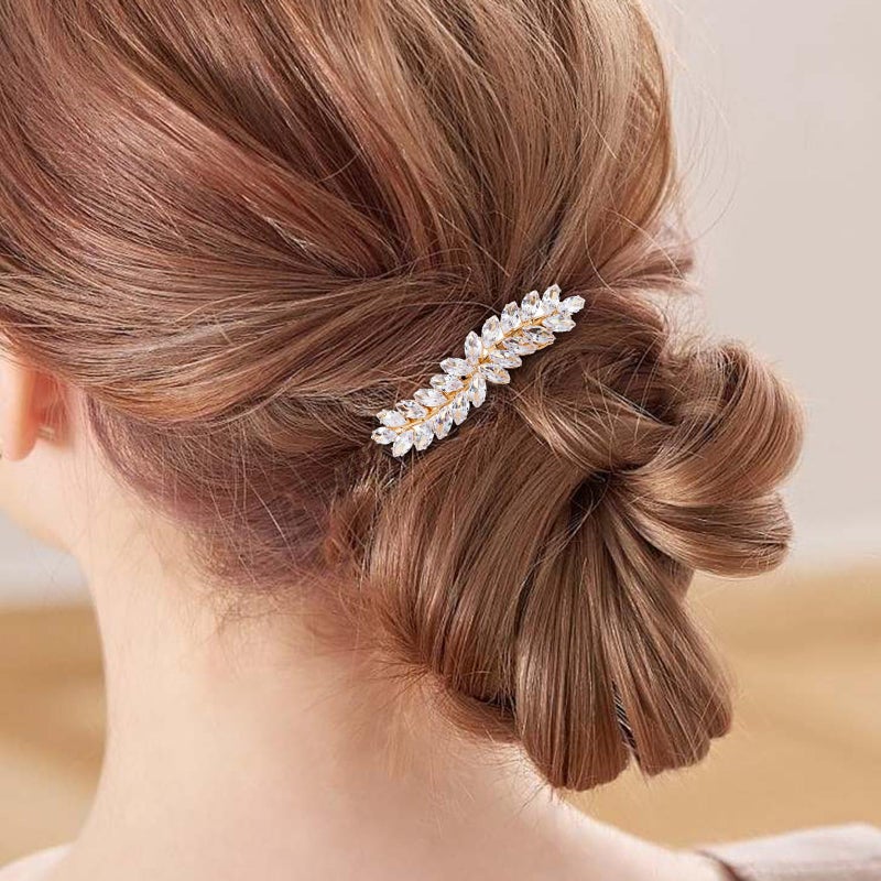 WHAVEL Rhinestone Hair Barrettes, Crystal Leaf French Bridal Hair Clips and Pins for Wedding, Vintage Hair Accessories for Bride and Bridesmaid (Gold) - Image 2