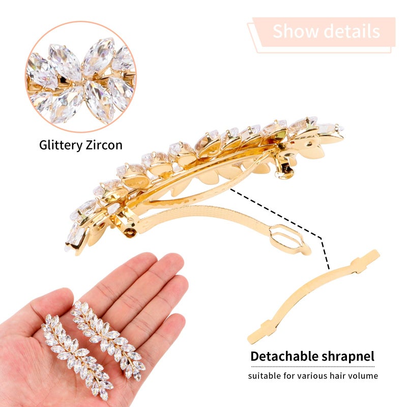 WHAVEL Rhinestone Hair Barrettes, Crystal Leaf French Bridal Hair Clips and Pins for Wedding, Vintage Hair Accessories for Bride and Bridesmaid (Gold) - Image 5