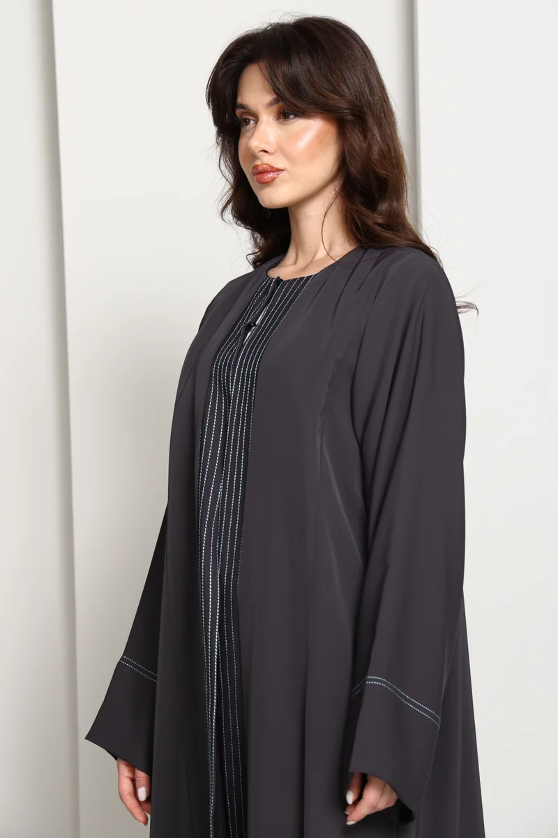 MSquare Fashion  Charcoal Grey  Abaya with Vertical Contrast Stitch Panel for Women | Best Price UAE