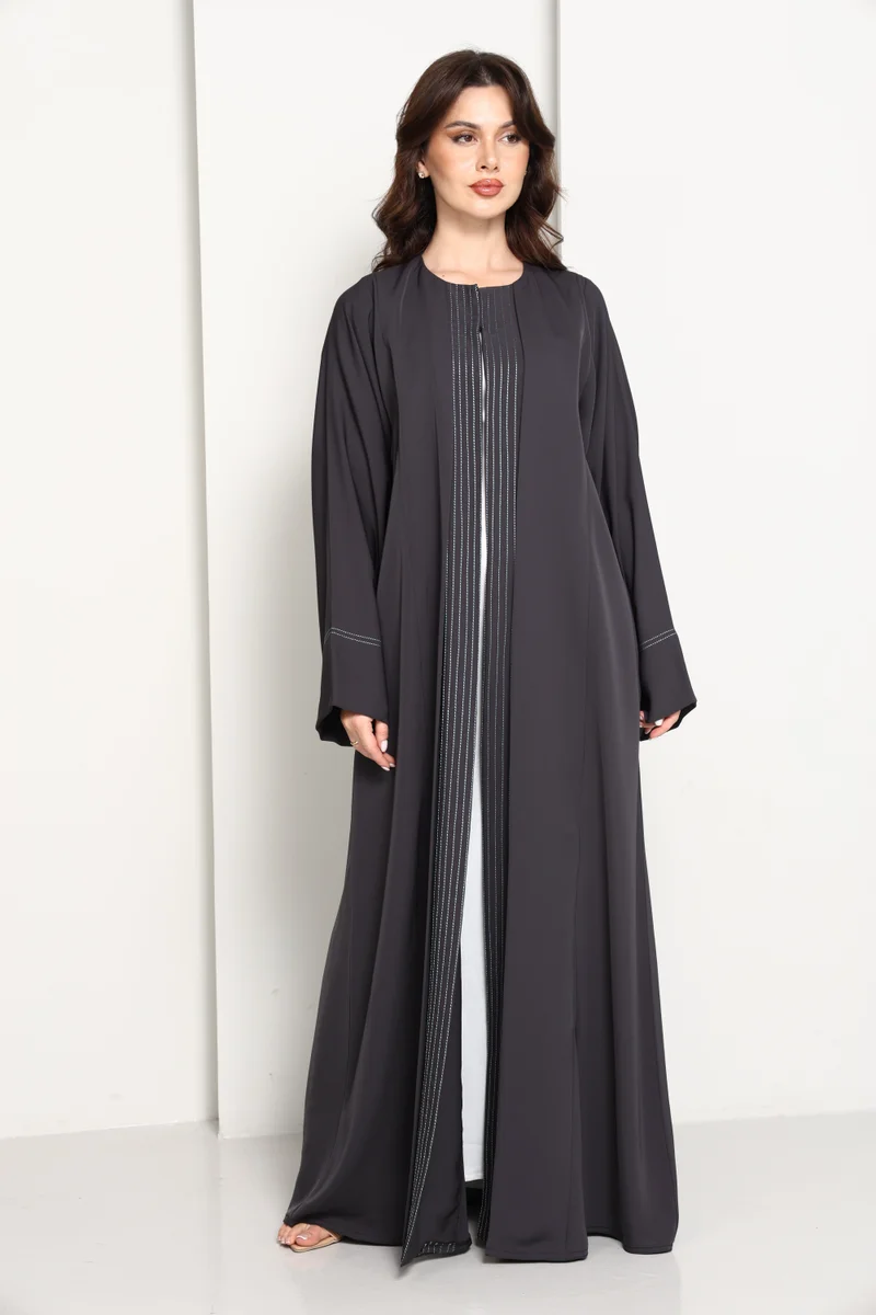 Charcoal Grey  Abaya with Vertical Contrast Stitch Panel