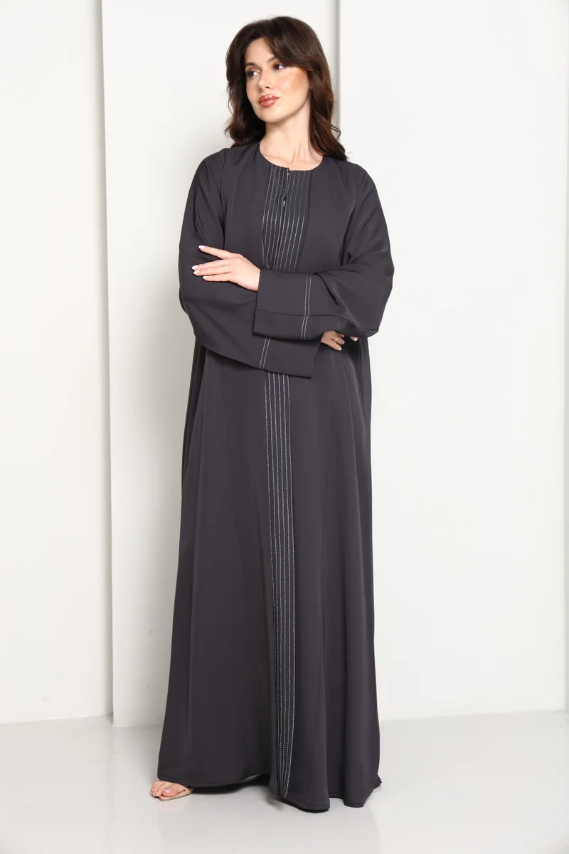 أم سكوير فاشن Charcoal Grey  Abaya with Vertical Contrast Stitch Panel