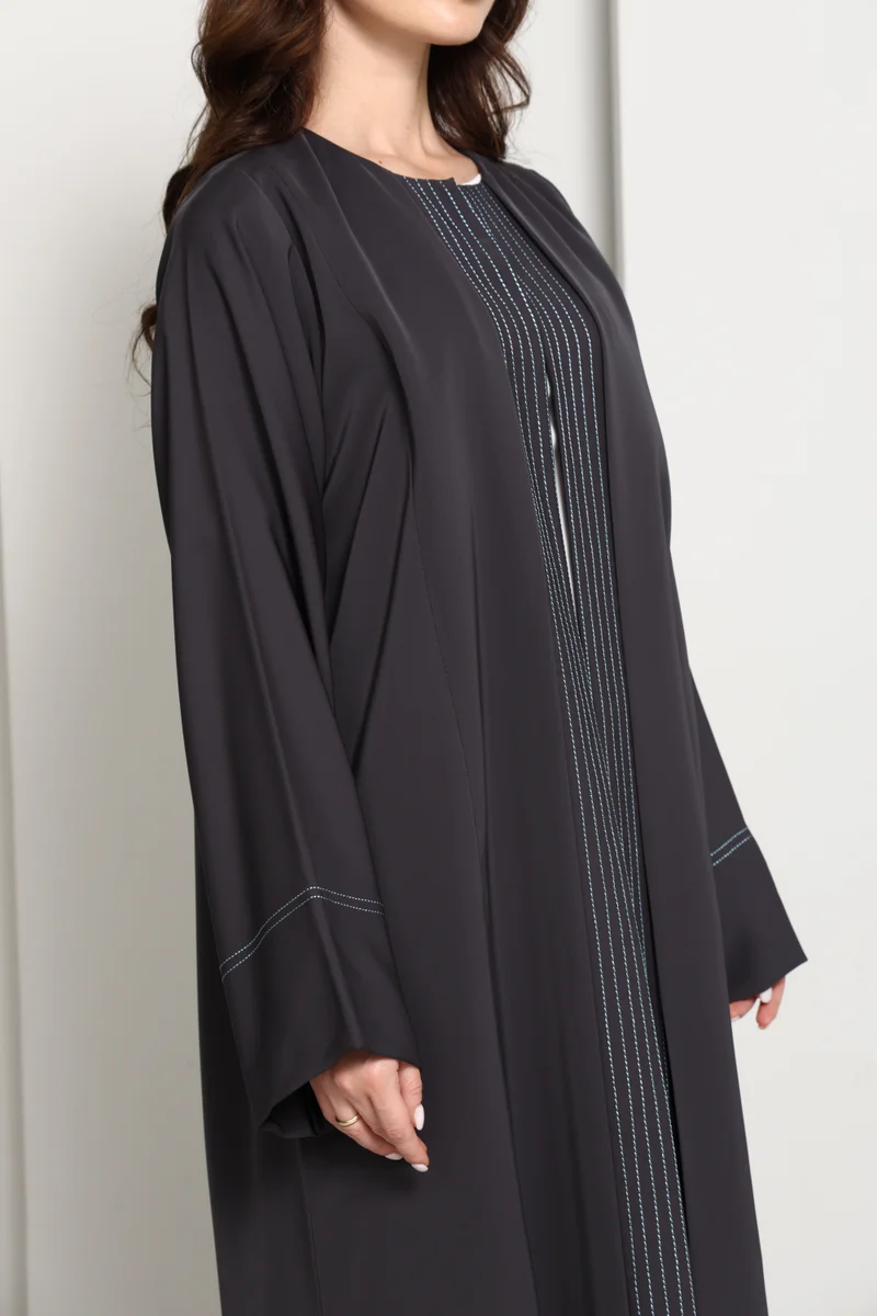 MSquare Fashion  Charcoal Grey  Abaya with Vertical Contrast Stitch Panel for Women | Best Price UAE