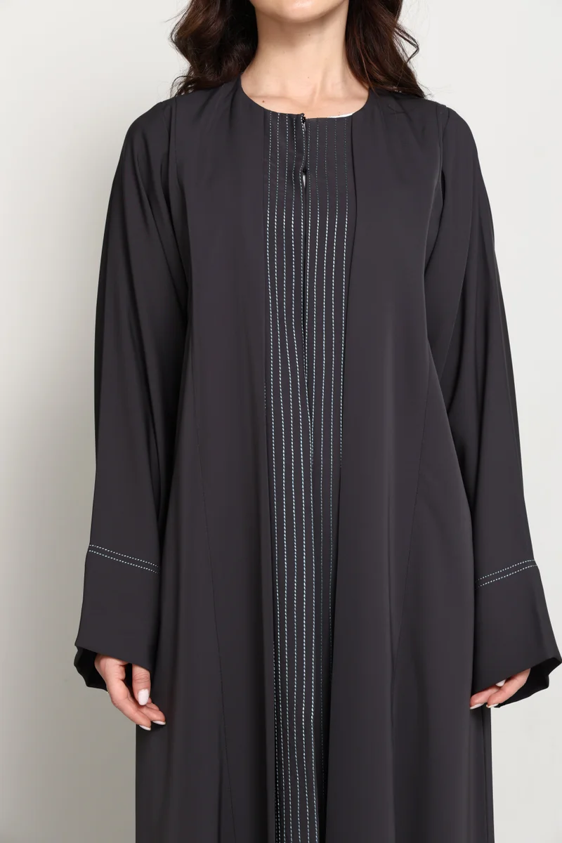 MSquare Fashion  Charcoal Grey  Abaya with Vertical Contrast Stitch Panel for Women | Best Price UAE