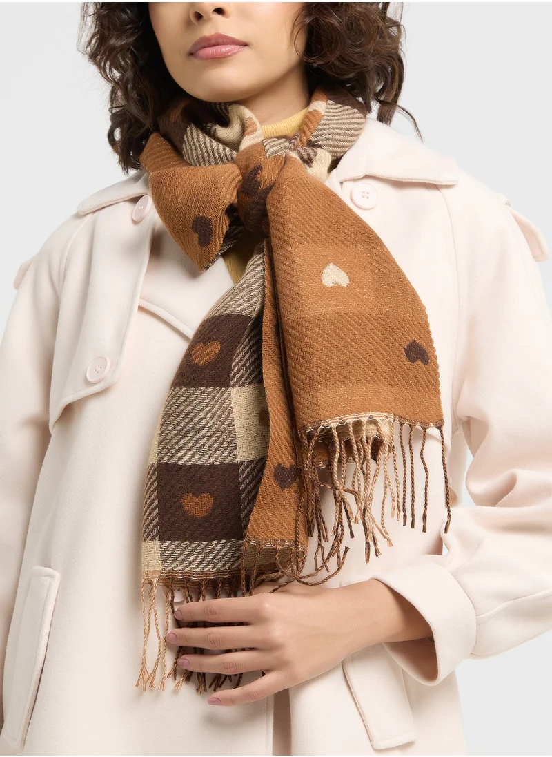 Ginger Light Weight Check Pattern Heart Winter Scarf