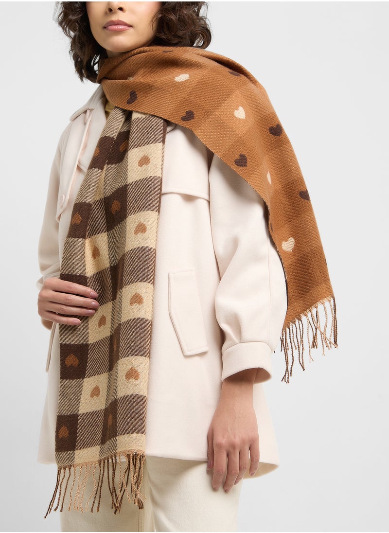 Ginger Light Weight Check Pattern Heart Winter Scarf  - Image 4
