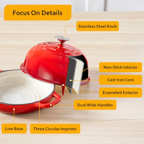 Velaze Enameled Cast Iron Dutch Oven for Bread Baking,5 QT Round Bread Oven Pot with Dome Lid for Sourdough, Roasting,Braising(Red) - Image 5