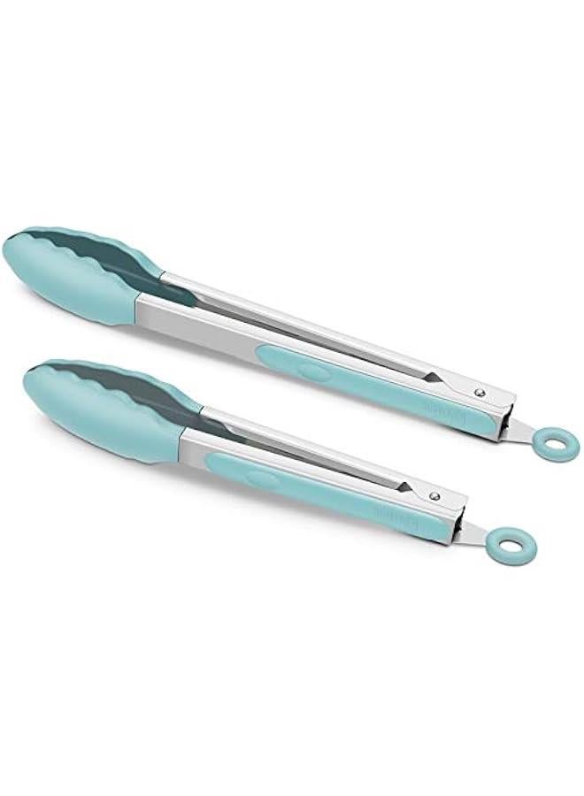 9-Inch & 12-Inch Cooking Tongs, Premium Silicone Set of 2 BPA Free Non-Stick Stainless Steel BBQ Grilling Locking Food Tong, Aqua Sky - Image 1