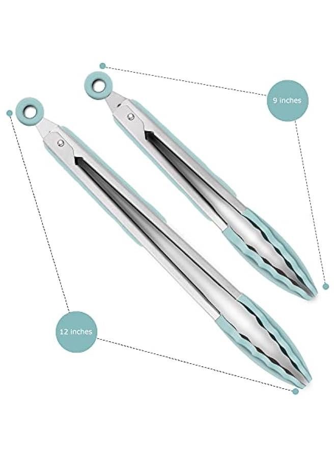 9-Inch & 12-Inch Cooking Tongs, Premium Silicone Set of 2 BPA Free Non-Stick Stainless Steel BBQ Grilling Locking Food Tong, Aqua Sky - Image 3