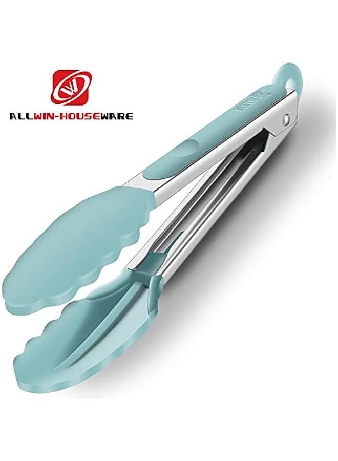 9-Inch & 12-Inch Cooking Tongs, Premium Silicone Set of 2 BPA Free Non-Stick Stainless Steel BBQ Grilling Locking Food Tong, Aqua Sky - Image 4