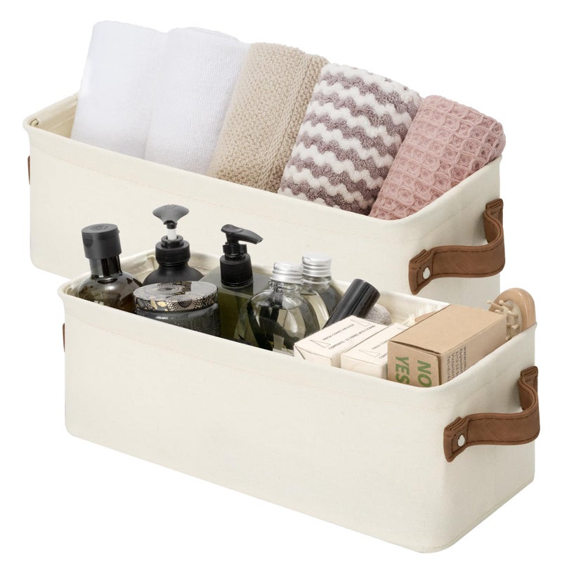 StorageWorks Narrow Storage Bins, Small Basket for Closet and Shelves, Fabric Organizer with Handles, Toilet Paper Storage, Natural Color, 2-Pack - Image 1