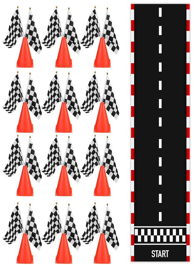 EUVBOKW 37 Pcs Race Car Party Decorations, 12 Orange Traffic Cones with Holes on Top, 24 Checkered Flags, 1 Racetrack Floor Runner,for Race Car Birthday Party Table Centerpiece Supplies - Image 3