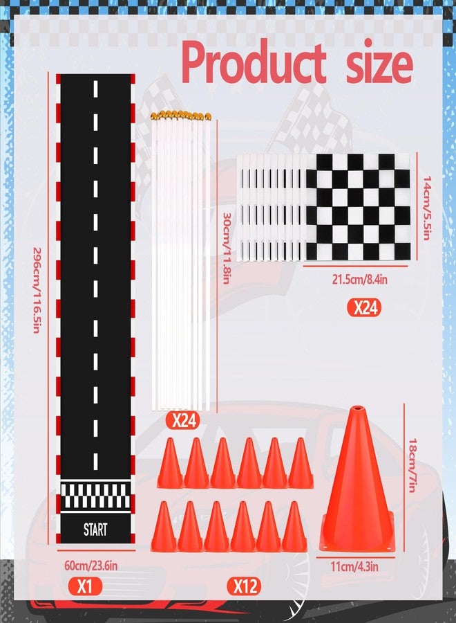 EUVBOKW 37 Pcs Race Car Party Decorations, 12 Orange Traffic Cones with Holes on Top, 24 Checkered Flags, 1 Racetrack Floor Runner,for Race Car Birthday Party Table Centerpiece Supplies - Image 2