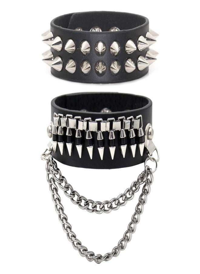 Xusamss 2PCS Punk Alloy Rivet Bracelet Bullet Wristband Chain Leather Cuff Bracelet,7 1/2 Wrist - Image 1