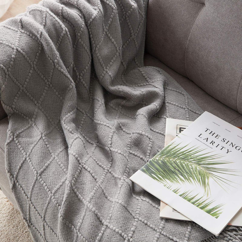 BOURINA Light Grey Throw Blanket 50x60 Inches Throw Textured Solid Soft Sofa Couch Decorative Knit Blanket - Image 4