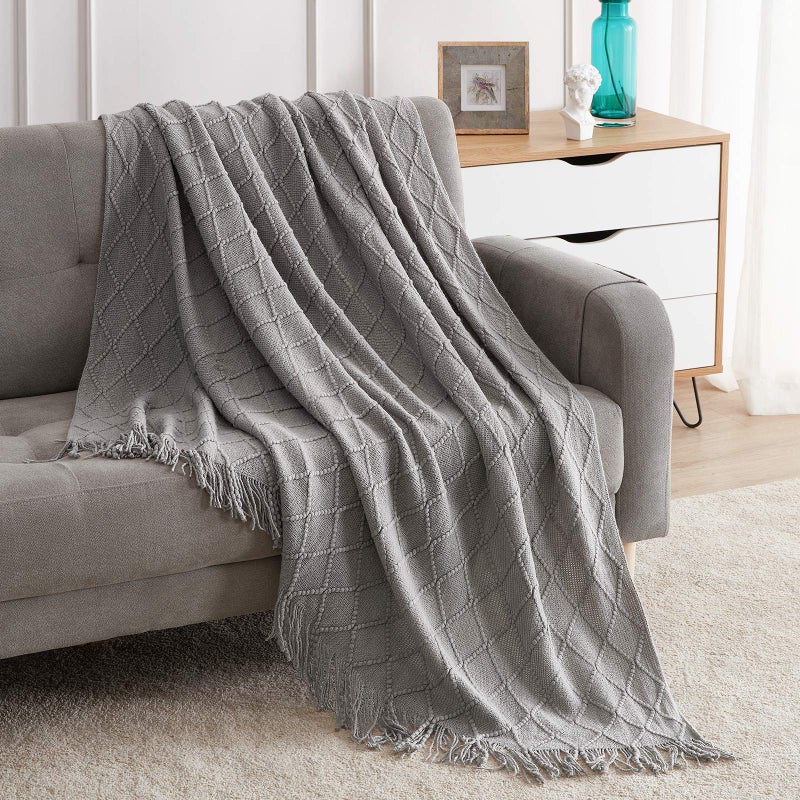 BOURINA Light Grey Throw Blanket 50x60 Inches Throw Textured Solid Soft Sofa Couch Decorative Knit Blanket - Image 1