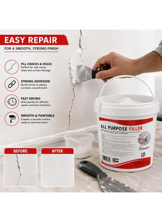 Hasanat Essentials All Purpose Crack Filler Powder 1kg, Powder-Based Wall Crack Repair Compound, Mix with Water, Fast Drying, Paintable, Non-Shrinking, For Interior & Exterior Surfaces - Image 3