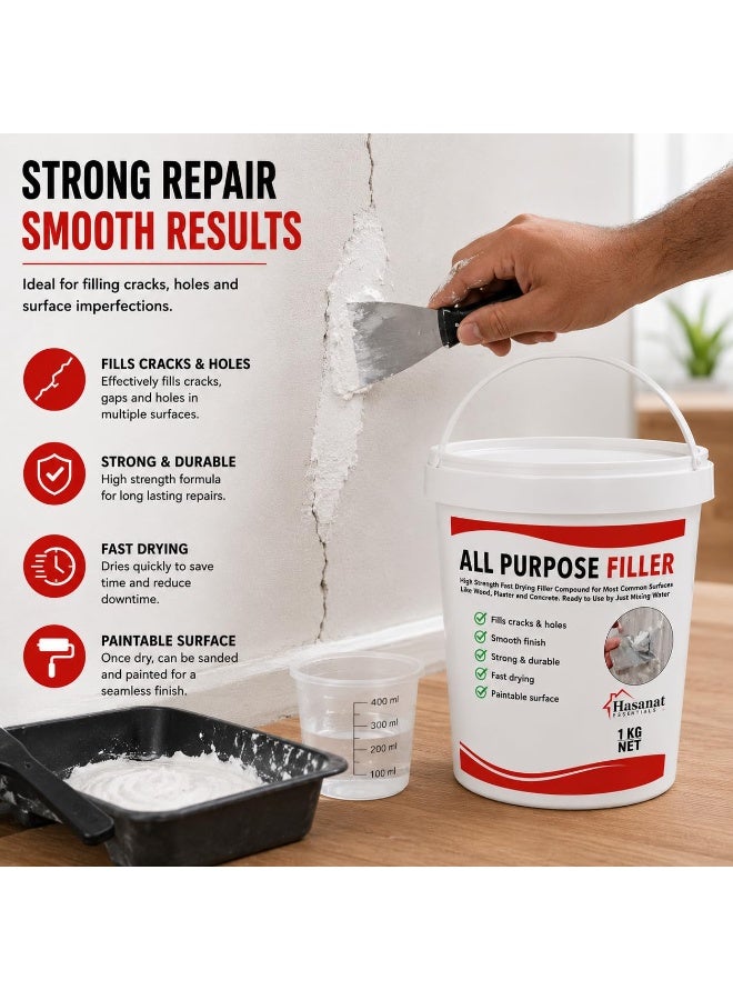 Hasanat Essentials All Purpose Crack Filler Powder 1kg, Powder-Based Wall Crack Repair Compound, Mix with Water, Fast Drying, Paintable, Non-Shrinking, For Interior & Exterior Surfaces - Image 5