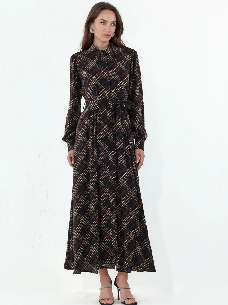 بيغ دارت BDART Plaid Midi Shirt Dress with Button Closure