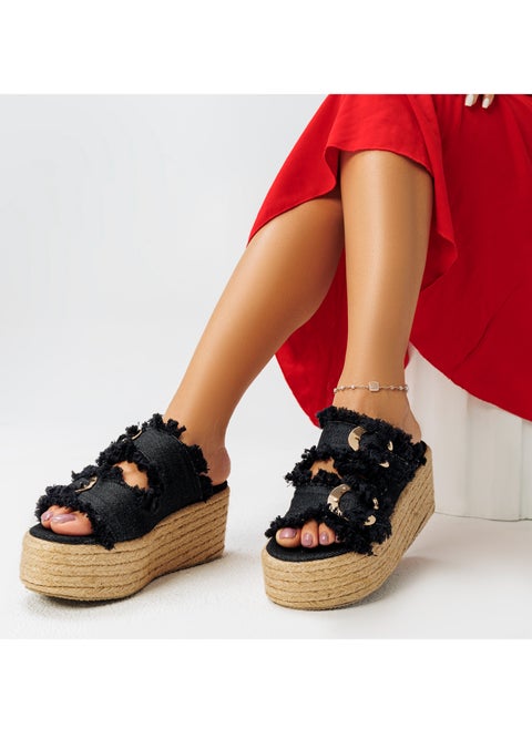 Slipper Wedge Fabric S-23 - Black