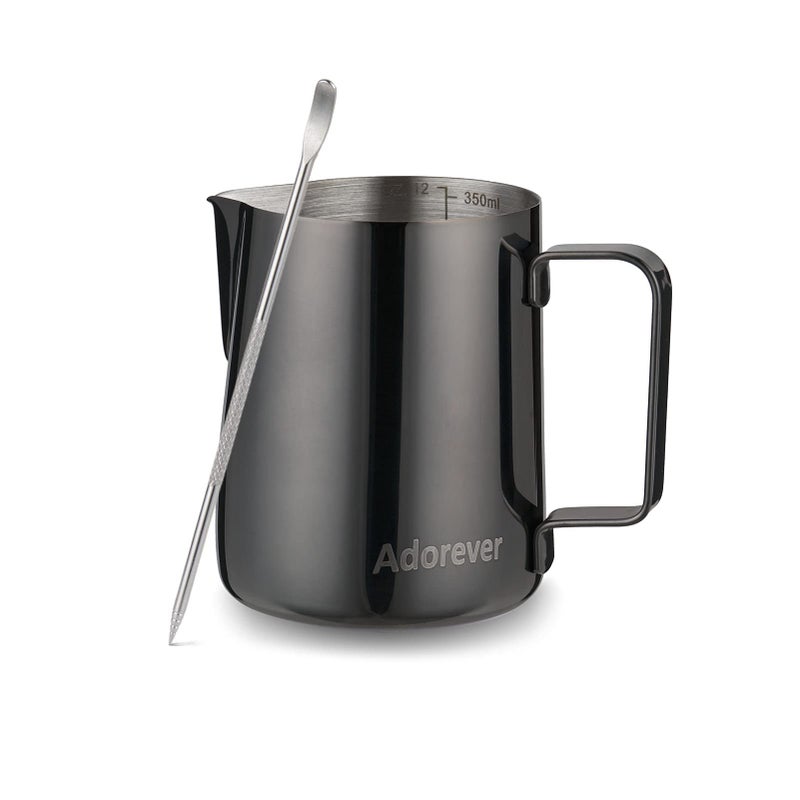 Milk Frothing Pitcher 350ml 12oz Steaming Pitchers Stainless Steel Milk Coffee Cappuccino Latte Art Barista Steam Pitchers Milk Jug Cup with Decorating Art Pen Bright Black