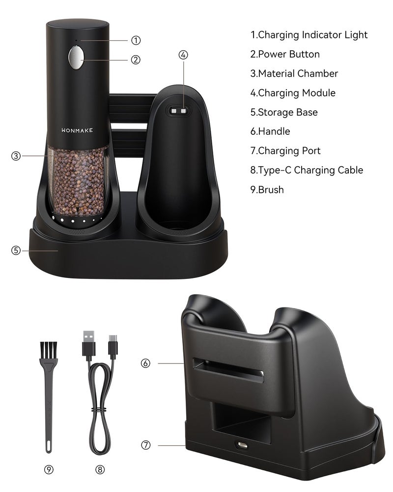 WONMAKE Electric Salt and Pepper Grinder Set - Automatic Refillable Salt and Pepper Grinders with Charging Base & LED Light, Adjustable Coarseness, One-handed Easy Operation, Ideal Kitchen Gadget - Image 2