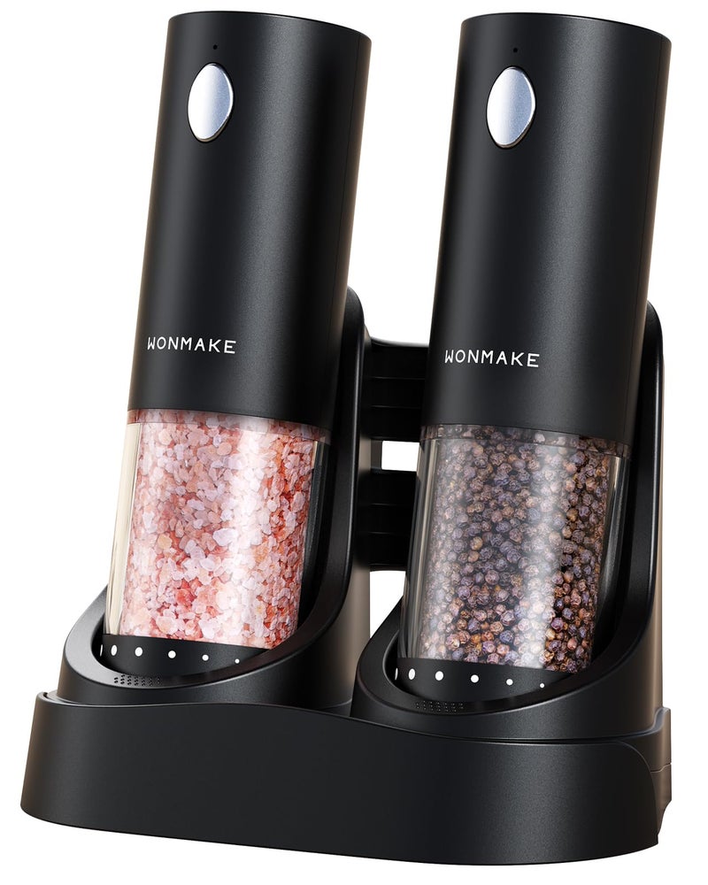 WONMAKE Electric Salt and Pepper Grinder Set - Automatic Refillable Salt and Pepper Grinders with Charging Base & LED Light, Adjustable Coarseness, One-handed Easy Operation, Ideal Kitchen Gadget - Image 1