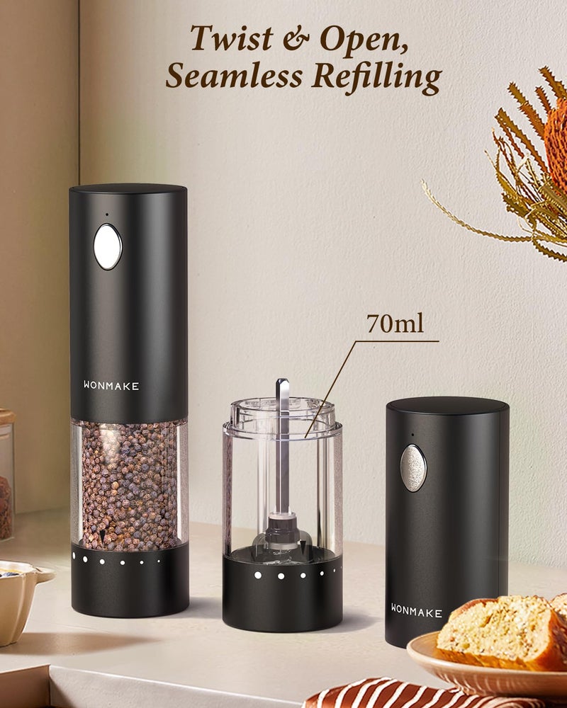 WONMAKE Electric Salt and Pepper Grinder Set - Automatic Refillable Salt and Pepper Grinders with Charging Base & LED Light, Adjustable Coarseness, One-handed Easy Operation, Ideal Kitchen Gadget - Image 4