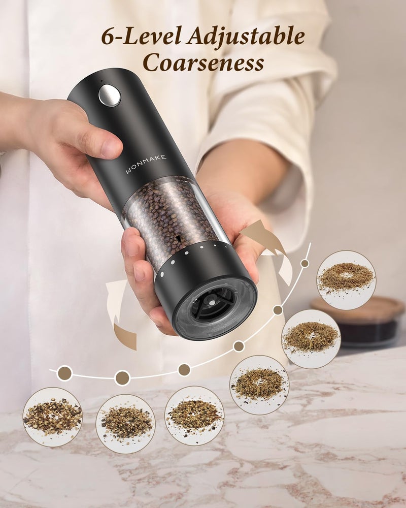WONMAKE Electric Salt and Pepper Grinder Set - Automatic Refillable Salt and Pepper Grinders with Charging Base & LED Light, Adjustable Coarseness, One-handed Easy Operation, Ideal Kitchen Gadget - Image 3
