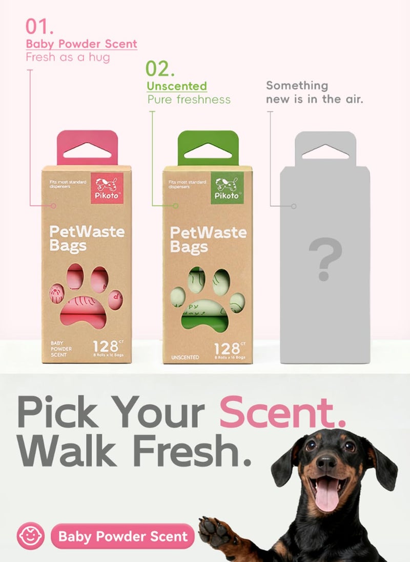 Pikoto Dog Poop Bags Rolls, 128 Count (8 Refills) - 60% Recycled Plastic Baby Powder Scented - Leak Proof, Extra Thick Waste Bag with Easy-Peel Sticker (Pink) - Image 5